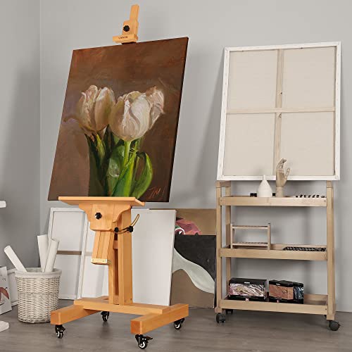 VISWIN Studio Heavy-Duty Easel, Holds Canvas Up to 71", Tilts Flat & Movable, Adjustable Solid Beech Wood Large Easel Stand for Painting, TV & Display, Floor Art Easel for Adults, Artists - Natural - color: Natural