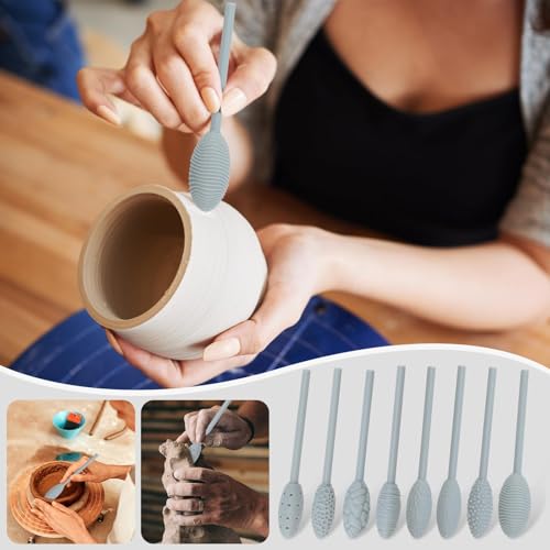 9 Pcs Clay Texture Roller Set, Oval Pattern Tools for Polymer Clay | 9 single-head oval rollers with modeling sticks for polymer clay, pottery, ceramics, clay jewelry and surface patterns.