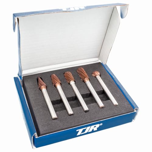 TJR® 3/8" head Carbide Burrs Set with 1/4" Shank 5pcs and ULTRACo Coating - Double Cut. For Steel, Stainless Steel, Hardened steel, and Aluminum, Wood for Grinding and Deburring applications