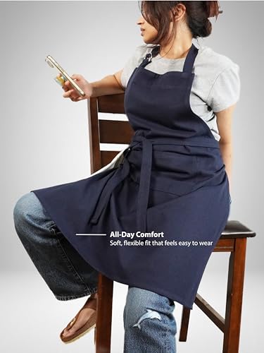 100% Cotton Kitchen Apron with 2 Pockets – Adjustable Chef Apron for Cooking Baking BBQ – Unisex Apron - color: Navy, size: Standard