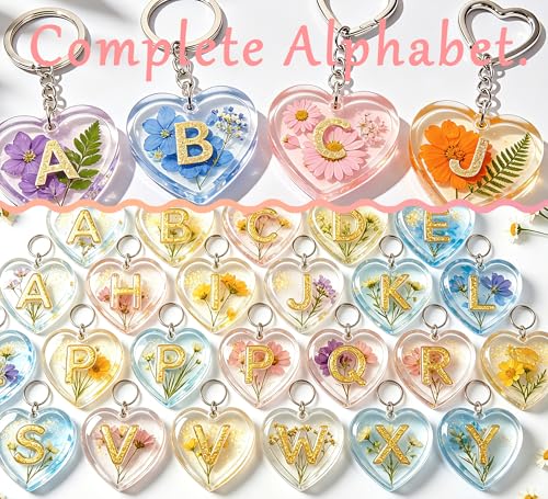 GEOCCI Keychain Resin Molds, 27 Cavities Heart-Shaped Alphabet Resin Mold Kit for Keychain, Pet Tag, Crafts Making(Silicone Products with Holes)