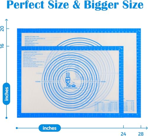 Nonstick Silicone Pastry Mat Extra Large with Measurements 28''By 20'' for Silicone Baking Mat, Counter, Dough Rolling,Fondant/Pie Crust By Folksy Super Kitchen (20×28, Blue) - color: Blue, size: 28"L x 20"W