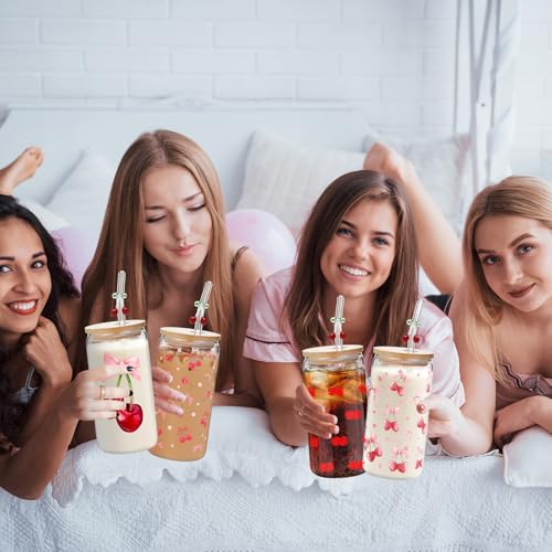 4 Set 16 oz Coquette Bows Glass Cups with Lids and Bows Straws Cleaning Brushes Aesthetic Iced Coffee Cup Reusable Mug for Women Sister Birthday Gift Not Dishwasher Safe(Pink,Cherry) - color: Pink, size: Cherry