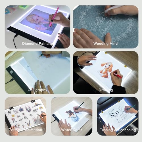 comzler A4 LED Light Board, 3 Level Dimmable Brightness USB Power Artcraft Light Table for Tracing, Light Drawing Sketch Pad for Animation, Sketching, Drawing, Stenciling, Artists - Black - style: Portable Ultra-thin Magnetic LED light pad Tracing Light B