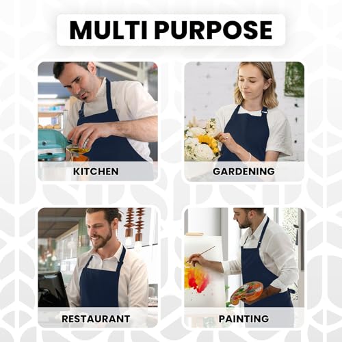 Adjustable Bib Apron 100% Polyester Kitchen Aprons Waterdrop Resistant Aprons with Adjustable Strap, Pockets & Long Ties - color: Navy Blue, style: Pack of 2