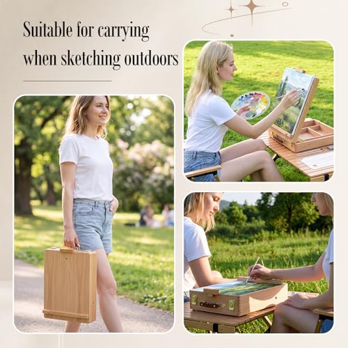 Maitys Tabletop Easel for Painting Set Portable Adjustable Wooden Sketchbox Tabletop Art Easel Stand Palette Brushes Tape Kneaded Eraser for Beginners Painting Sketching Travel