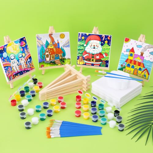 ESRICH 24 Set Mini Acrylic Paint Kit, 5in Mini Stretched Canvas with 7.5in Easel,Acrylic Paint Strips, Paint Palettes, Painting Brushes, Small Canvas and Easel Set for Artists Beginner, Gift - size: 24 set 5 x 5 inches