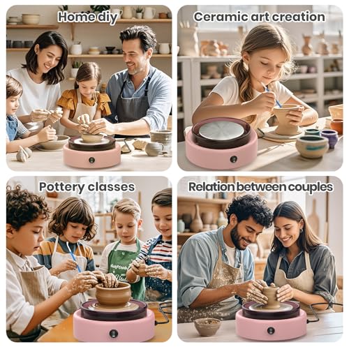 Skirfy Mini Pottery Wheel for Beginners Adults with Foot Pedal9.5" Ceramic Machine for Kids Art Craft Glow in Dark Kits 2.2LB Air-Dry Clay,Carving Tools Adjustable Speed,DIY Projects Birthday Gift - color: Pink