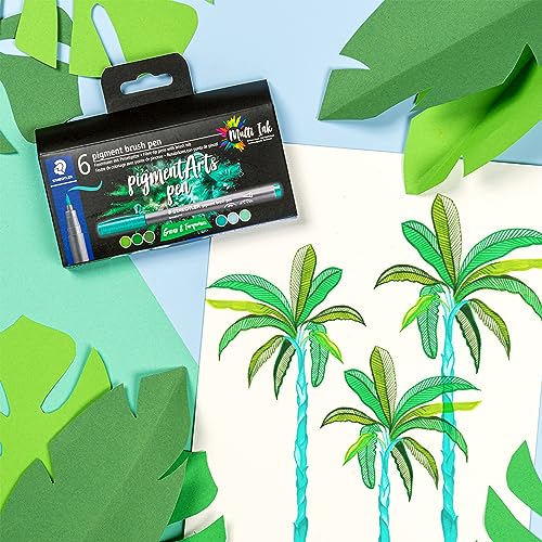 STAEDTLER Pigment Arts Brush Pen, Brush Green & Turquise, Pack of 6 Pens, 371 C6-3 - color: Green and Turquoise