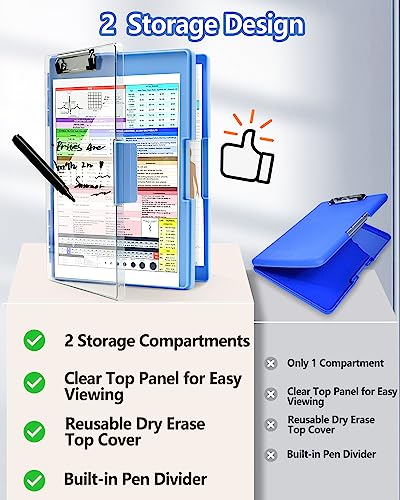 Clearview Clipboard with 2 Storage, Dry Erase 8.5x11 Heavy Duty ClipBoards - High Capacity Coaches Clip Board with Pen Holder - Side Opening Plastic Nursing Clip Case - Aqua Blue - color: Aqua Blue