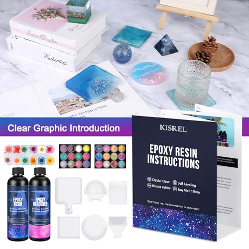 KISREL Epoxy Resin Kit for Beginners, Resin Kit with Molds, 18OZ Epoxy Kit with Dried Flowers, Measuring Cups and Resina Supplies - size: 6 Large Molds