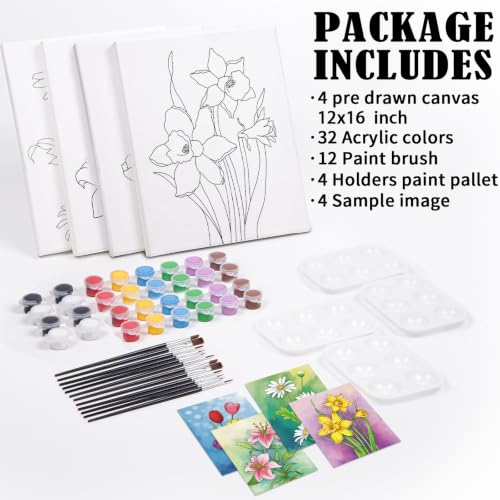 4 Pack Sip and Paint Kit, Pre Drawn Canvas for Painting for Adults Pre Printed Canvas to Paint Party Supplies Girls Night Games Date Night Art Set Flower Theme 12x16 in - size: 12x16, style: style 9