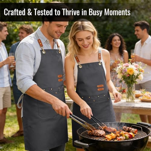 Aoomzoon Durable Kitchen Apron,Multifunctional Chef Aprons for Women & Men with Pockets for Cooking Baking & Daily Use - color: Grey