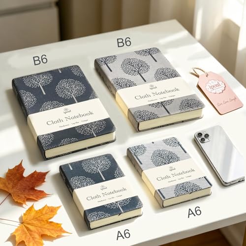 Linen Notebook, Hardcover Cloth Journal, B6, 264 Pages, 5x7 Small Lined Notebook & Sketchbook, Lay Flat, White Tree Navy Blue Fabric, Dirt-proof, Suitable for Outdoor Sketching - color: B6-Tree Navy