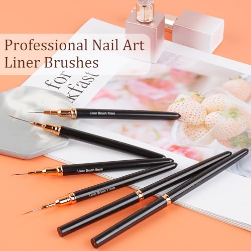 7PCS Metallic Nail Art Brushes Set, 7/9/11/15/25mm Liner Brush For Nails Gel, Super Fine Painting Art Design Pen for Long-Line Patterns, Detailed Outlines, Geometric Shapes (Black)