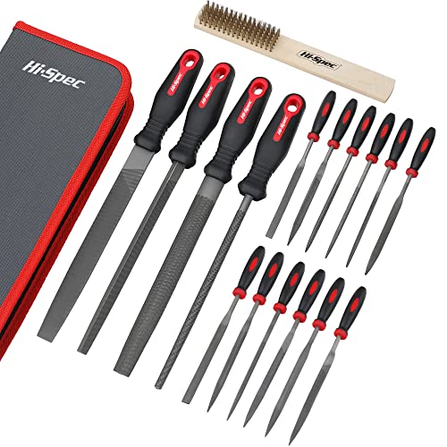 Hi-Spec 17 Piece Metal Hand & Needle File Tool Kit Set. Large & Small Mini T12 Carbon Steel Flat, Half-Round, Round & Triangle Files. Complete in a Zipper Case with a Brush - size: 17 pieces
