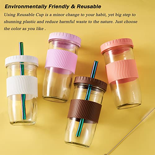 Amyoole 2 Pack Reusable Boba Cup,24Oz Wide Mouth Smoothie Cup,mason Jar Glass Cups with Lids and Straws,Bubble/Boba Tea Cups,Ice Coffee Tumbler 2 colored straws 1 sponge brush(White) - color: White
