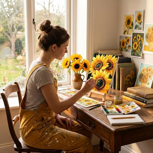 Engrowtic 12 Pcs 8 x 10'' Sunflower Flower Pre Drawn Canvas to Paint Pre Printed Sketched Canvas for Adult Ladies Paint Art Party Favor Board Set for Craft(Vivid Style) - style: Vivid Style