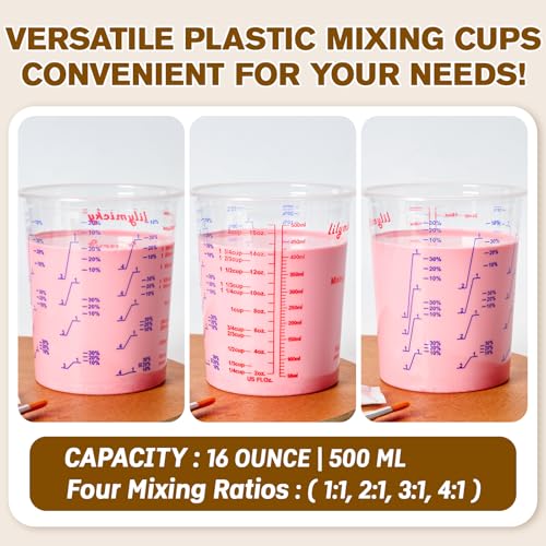 Lilymicky 16 oz Plastic Mixing Cups, 100 Pack 16 oz (500ml) Disposable Measuring Cups with 100 Wooden Mixing Sticks, Can Be Used for Epoxy Resin, Liquid Measuring, Paint, Cooking and Baking