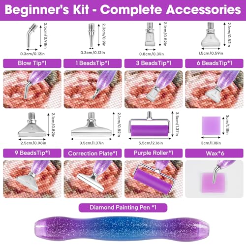 Ergonomic Diamond Painting Art Pen Accessories Kits with 6 Metal Tips, 6 Painting Glue Clay, Roller,Multi Placer Tips for DIY Crafts - style: XKZY