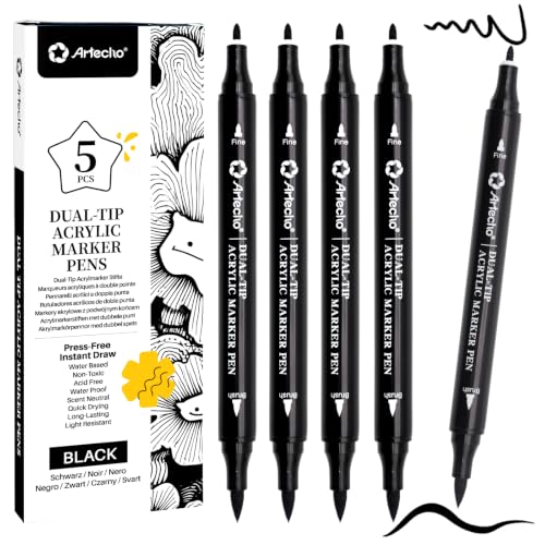 Artecho Dual Tip Acrylic Paint Pen Black 5pcs set-Fine Tip and Brush Tip for Stone, Rock Painting, Paper, Pumpkin, Wood, Egg, Canvas, Ceramic, Fabric, leather, Glass, DIY Crafts - color: 5 Pcs Black