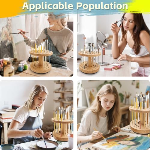 Rotating Paint Brush Holder, 360° Smooth Rot Hardwood Artist Organizer - color: Yellow(52 Holes)