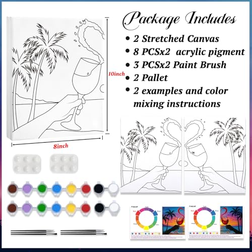 PAILIM 2 Pack Sip and Paint Kit for Adults Couples Painting Kit Pre Drawn Canvas to Paint at Home Date Night Party Favor Supplies Art Painting Set Seaside Clink Glasses Couples Activity 8x10 - style: Essential Painting Kit