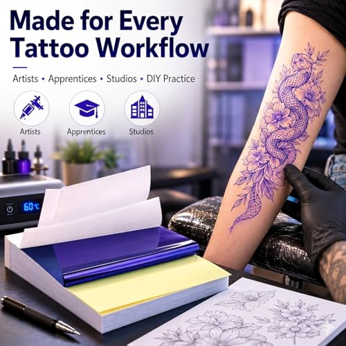 Tattoo Transfer Paper 100 Sheets, A4 4-Layer Tattoo Stencil Paper for Thermal Copier & Hand Tracing, Professional Tattoo Tracing Transfer Paper for Artists, Studios, Apprentices & Beginners - size: A4 size/100 sheets