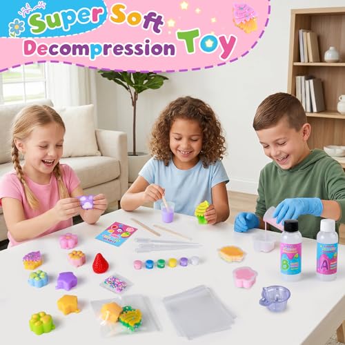 Mikiwon Taba Squishy Kit, 7OZ 1:1AB Liquid Silicone Set with 6 Molds, Decompression Squishies Gift with Guide & Flocking Powder DIY Squishies Maker Holiday Gift