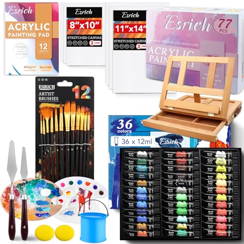 ESRICH Acrylic Paint Set, 74 PCS Professional Paint Supplies with Paint Brushes, Wooden Tabletop Easel, Canvases, Painting Pads, Palette, Paint Knives, Brush Cup and Art Sponge for Hobbyists Beginners - color: 36 Color Acrylic Paints