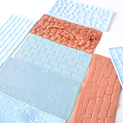 JOERSH 6 Pack Fondant Texture Mats Wood Grain Brick Castle Wall Cobblestone Texture Design Mold Fondant Molds for Clay, Chocolate, Fondant Cake Embossed Impression Sheets