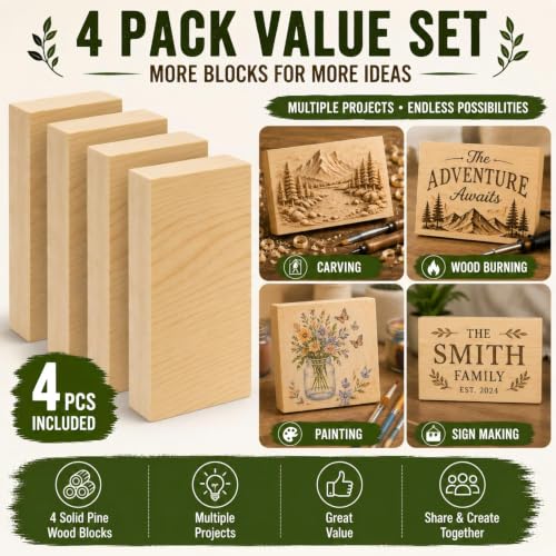 Unfinished Wood Blocks for Crafting, 4 Pcs Unfinished Wood Carving Blocks, 4X6X1 Inch Solid Pine Wood Carving Blocks for Crafts DIY Projects Art Classes Photo Blocks Beginners and Adults - size: 4x6x1 Inch
