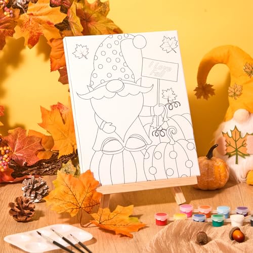 Humyoun 8 Sets 8" x 10" Fall Gnome Pre Drawn Canvas to Paint for Sip and Paint Party Thanksgiving Predrawn Coloring Set Pre Sketched Canvas Boards with Paints and Brushes for Adult - style: Gnome