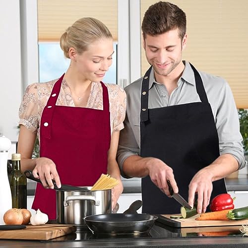 Kitchen Cooking Apron for Women Men with Big Pockets Canvas Waterproof Aprons for Server Pottery Artist Chef Apron - color: Red