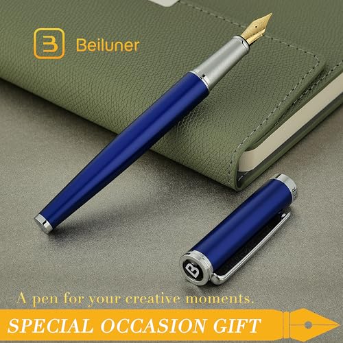 BEILUNER Luxury Fountain Pen Set,Solid 24K Gilded Medium Nib, Modern Classic Limited Edition -Includes 6 Ink Cartridges&Ink Refill Converter with Gift Case-Perfect for Men and Women(Charming blue) - color: Blue, style: Medium Nib