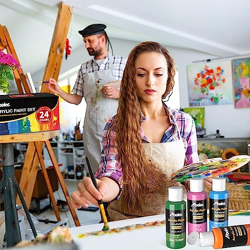 ABEIER Acrylic Paint Set, 24 Colors (60ml/2oz) with 12Paint Brushes, Non-Toxic, Waterproof, Strong Coverage for Kids Adults Beginners Students, Painting on Canvas Stone Wood Fabric Rocks Ceramic - style: Classic Colors