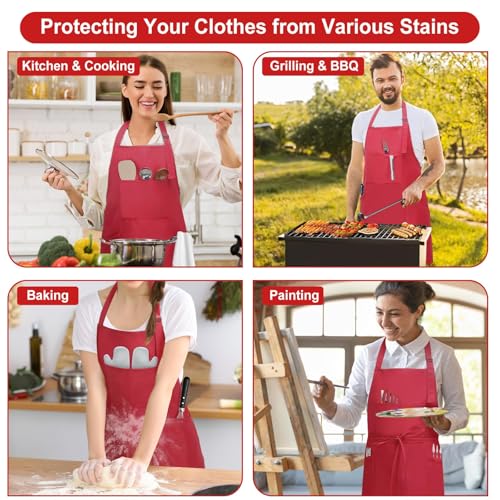 SHEOMERN 3 Pcs Dual Waterproof Oilproof Kitchen Chef Aprons with 4 Pockets for Men Women, Adjustable Soft Anti-Tear Cooking Bib Apron for Baking Grilling BBQ Painting Cleaning (Red) - color: Red