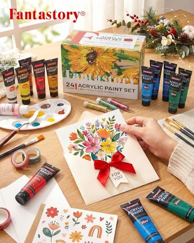 Fantastory Acrylic Paint Set 24 Tubes × 36 ml; Excellent Coverage, High Light Fastness, Waterproof Acrylic Paint, with Additional White & Gold, for Canvas, Wood, Ceramics, Models, Artists - style: 24 Colors