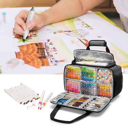 GRAOSO Marker Storage Bag Marker Case Organizer Hold up to 216 Markers, Carrying Case with Shoulder Strap and Handle, with Dividers and Easy Cleaning Liner (Markers Length up to 5.1"/13 cm), Grey