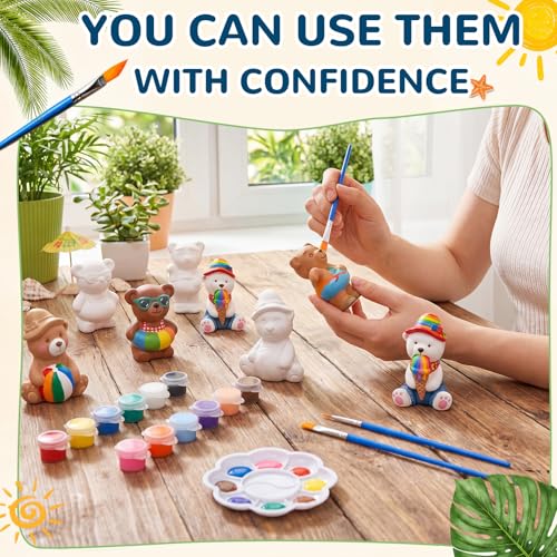 Soulchen 17 Pcs Paint Your Own Summer Beach Bear Ceramic Paint Craft Set Include 12 Unpainted Ceramic Bears 2 Strips of Paints with 2 Brushes 1 Palette Toys Gift for Birthday - style: Summer Bear