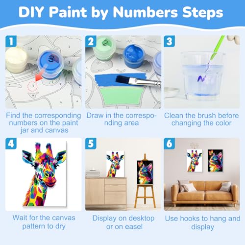KEYIFA 2 Pack Paint by Numbers Kit, Stretched Canvas Boards for Painting for Adults, Crease-Free Acrylic Oil Painting for Students Favor Sip & Paint Party Supplies, Giraffe + Colourful Cat (8x12in)