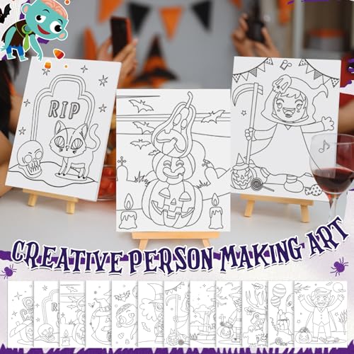 Sherr 96 Pcs 12 Sets Pre Drawn Canvas Kit for Painting Craft Sip and Paint Kit for Adults Pre Printed Canvas Painting Favor for DIY Birthday Gifts Adult's Date Party, 8 x 10 Inches(Halloween) - style: Halloween