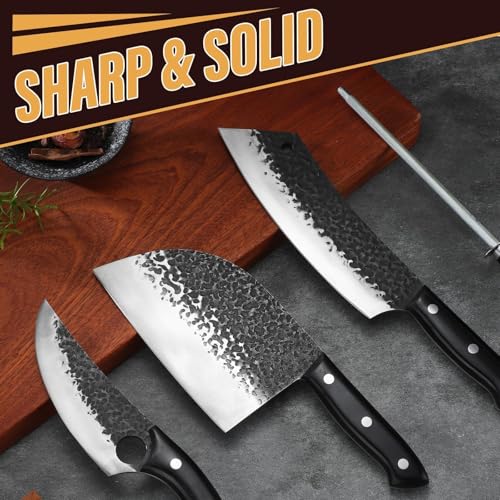 Golden Bird Butcher Knife Set - 4pcs Hand Forged Meat Cleaver Knife & Serbian Chef Knives & Sharp Viking Knives for Meat Cutting, Camping, BBQ, Christmas Gifts for Men Women - size: 13.4inches
