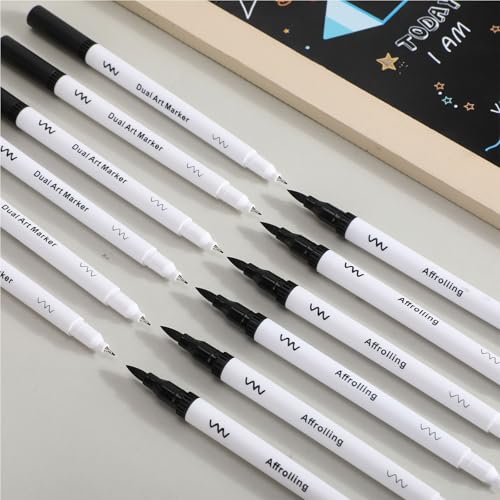 Affrolling 20 Pcs Black Drawing Pens Bulk Dual Brush Fineliners Pens Felt Tip Markers for Art Drawing Sketching