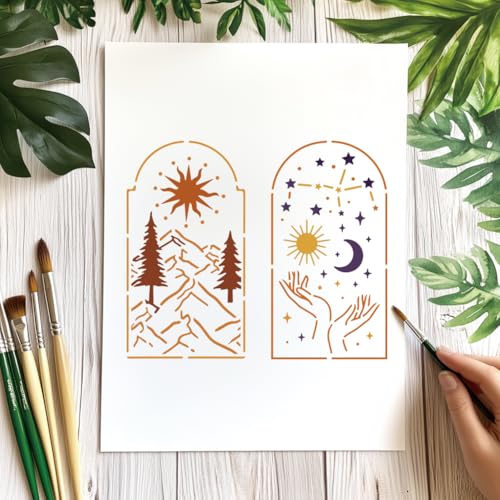 12 Sheets Arched Boho Painting Stencils, 12 Styles Mountain Moon Sun Leaf Landscape Drawing Templates Arched Wall Art Templates for Painting on Wall Wood Home Decor - style: Arched Boho Element