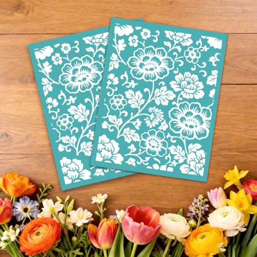 2 Sheets Chinoiserie Peony Floral Silk Screen Stencil, Blue White Porcelain Self-Adhesive Silk Screen Stencils Reusable Mesh Stencil for DIY Crafts, Scrapbooking, Home Decor - style: Chinoiserie Peony