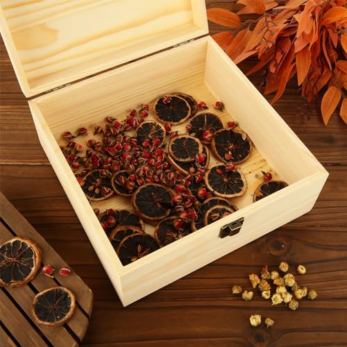 DAJAVE Unfinished Wooden Box, Wooden Storage Box with Hinged Lid, 9x9x4 Inch Pine Wood Box DIY Craft Stash Boxes for Arts Hobbies, DIY, Home Storage