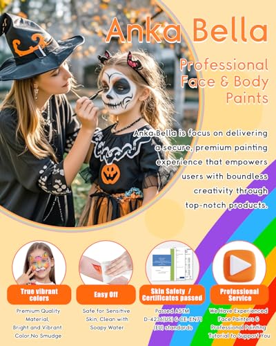 Anka Bella Face Painting Kit for Kids & Adults, Water Activated Face Paint Palette with 14 Brushes, Non Toxic Hypoallergenic Washable Face Paint Professional for Drawing Butterflies - color: ButterflyGlow Palette