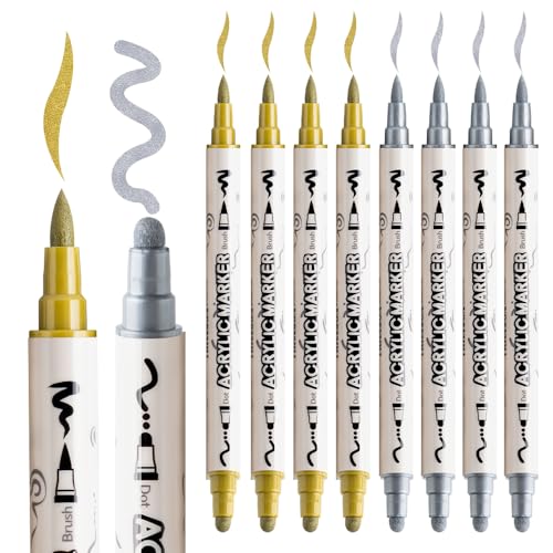 TRANSON 4 Silver and 4 Gold Paint Markers Brush and Bold Dual-tip Acrylic Paint Marker Set for Rock Painting Glass Canvas Wood Leather Ceramic Painting - style: Bold and Brush 4 Gold and 4 Silver