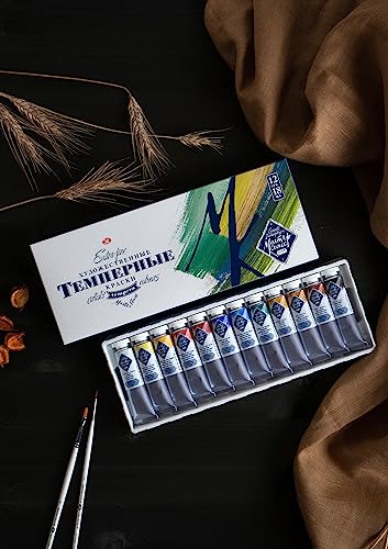 Master-Class Artists Grade Professional Tempera Paint Set 12 Vibrant Colors 18ml Tubes Buttery Consistency Ideal for Beginners and Professional Artists by Nevskaya Palitra